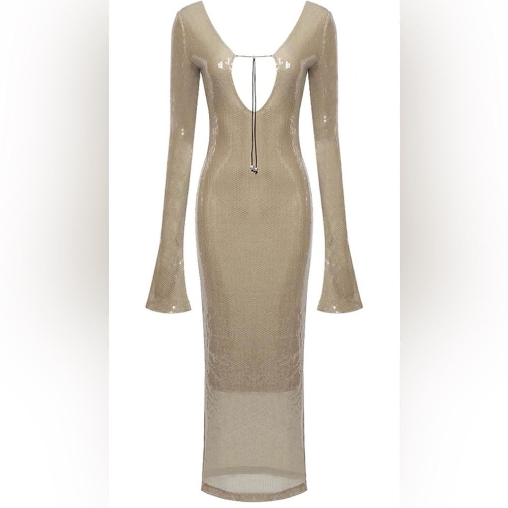 Sequin V Dress with Drawstring Long Sleeve